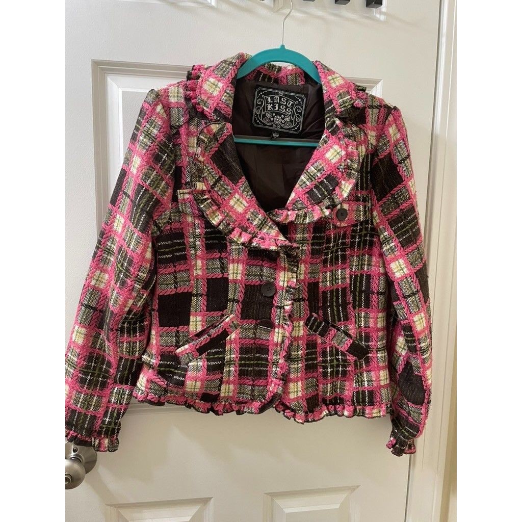 Vintage Y2k Last Kiss Women's Jacket Size L Pink Plaid Blazer Ruffles